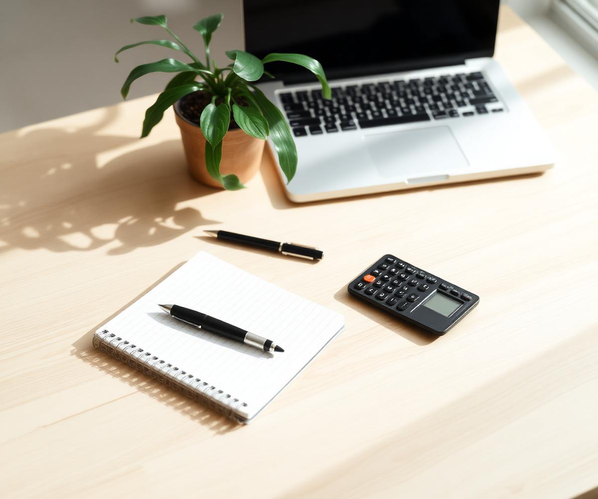 Small business desk with notebook, calculator and laptop
